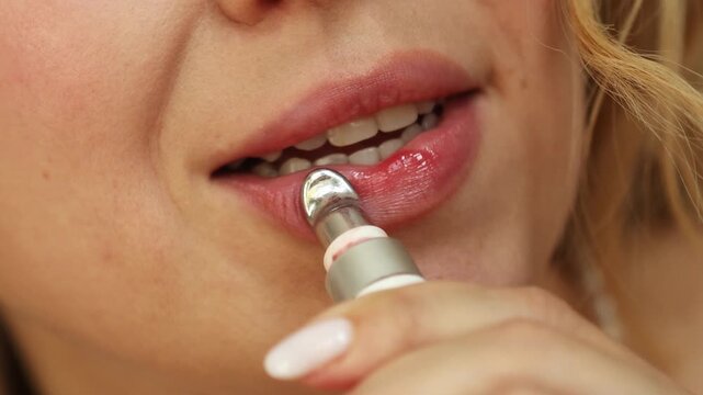 A close-up view shows a person applying a lip treatment device targeting hydration and smoothing. This procedure offers a refreshing experience and nourishes the lips effectively.