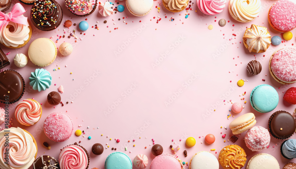 Poster a bright pink background featuring a large array of colorful cupcakes with copy space for text ideal