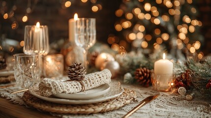 Festive table setting with candles and ornaments