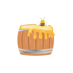 A bee sitting on honey in a wooden barrel
