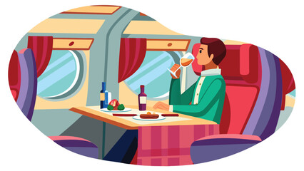 Man enjoying wine and a meal on a plane with a window view and red curtains creating an elegant experience