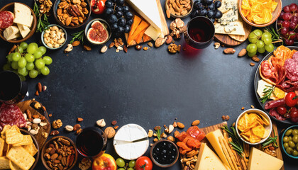 Table brimming with cheese, fruit, nuts, and snacks, perfect for casual gatherings and entertaining guests