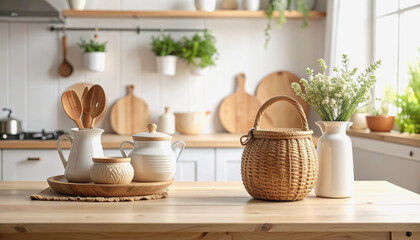 Stylish kitchen displaying various wooden utensils and tools with generous copy space for culinary text and ideas