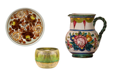 Painted ceramic plate isolated on white background. set