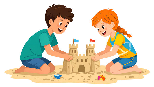 ai, png, kids, sandcastle, beach, fun, summer, children, playing, creativity, teamwork, vacation, sand, flags, outdoor, playtime, laughter, joy, toys, construction, building, marine, sunny, happy, bea