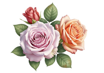 Fototapeta premium Assorted Pink, Orange, and Red Roses with Green Leaves - Isolated on Transparent Background