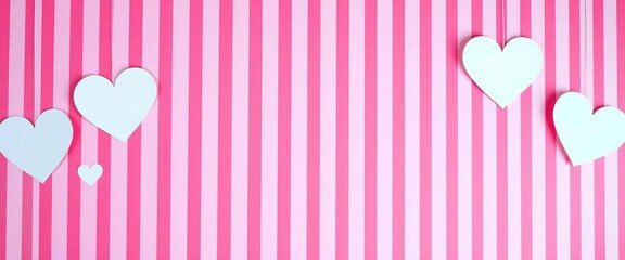 Pink & red striped Valentine's Day wallpaper background with paper heart cutouts; ample copy space, cutout, message