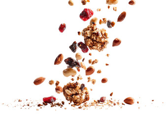 Flying granola bites and mixed nuts, berries, and seeds