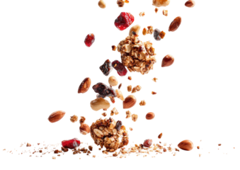 Flying granola bites and mixed nuts, berries, and seeds