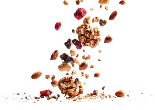 Flying granola bites and mixed nuts, berries, and seeds