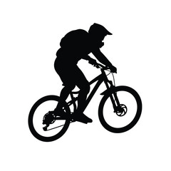 Obraz premium Silhouette of a mountain biker riding downhill, isolated on white background the cyclist is wearing a helmet and backpack, and is in motion on a trail