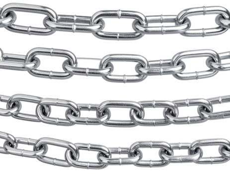 Close up of shiny metal chains with detailed interlocking links on white
