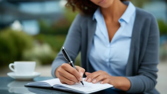 Woman writing in a journal, thoughtfully setting her intentions for the day. Calm and reflective scene ideal for mindfulness, personal growth, wellness, and productivity content