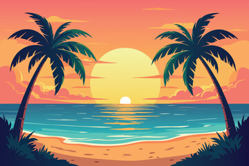 Pixel Art Tropical Beach Scene at Sunset with Palm Trees and Calm Ocean Waves