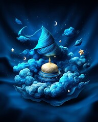 Golden dome in fog concept, A mystical scene featuring a dome amidst swirling clouds and stars.