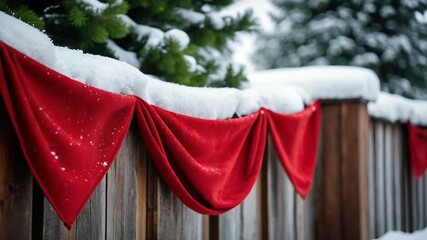 A wooden fence covered in snow surrounded by evergreen trees, perfect for winter scenes or outdoor settings - Powered by Adobe
