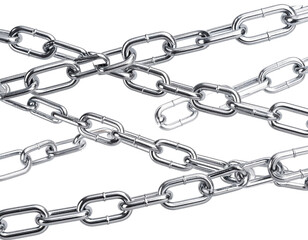 Close up of shiny steel chains isolated on white background