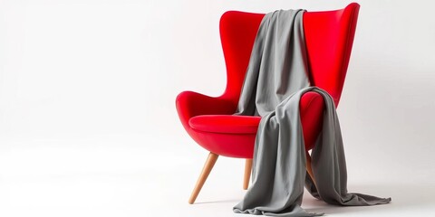 Red chair, gray fabric draped artistically, minimalist background, red chair,  form