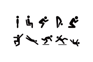 Diverse Pictogram Collection Illustrating Various Human Activities and Movements Depicting a Range of Actions and Poses in Simple Black Silhouettes