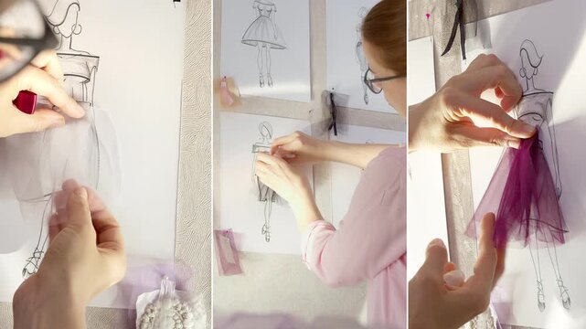 Collage of designer drawings of clothes on paper. A seamstress works with sketches of dresses. Fashion concept.