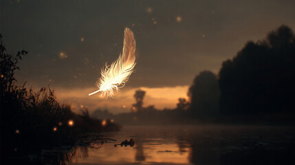 A glowing feather falling from an unseen angel above a peaceful scene