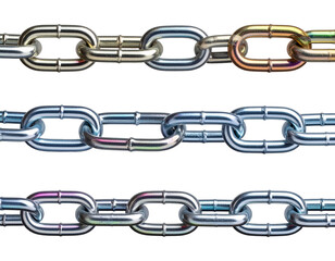 Obraz premium Close up of three metallic chains with interconnected links on white background