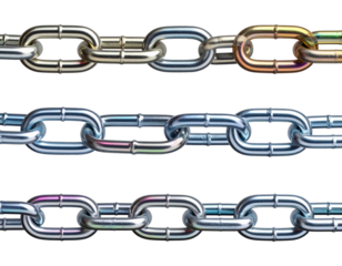 Close up of three metallic chains with interconnected links on white background