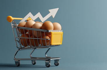 Side view of shopping cart filled with eggs and price tag icon showing upward arrow