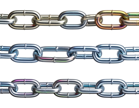 Close up of three metallic chains with interconnected links on white background