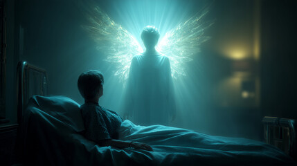 Fototapeta premium A glowing angel standing behind a hospital bed, comforting a patient