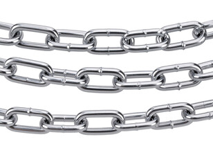 Obraz premium Close up of three silver metal chains against white background