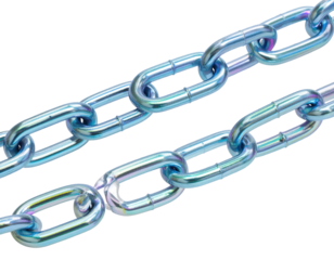 Close up of two shiny metal chains arranged diagonally on a transparent background