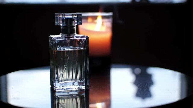 Clear glass fragrance bottle sits on dark reflective surface with candle in background