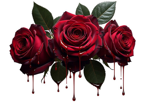  Dripping Red Roses and Dark Leaves - Isolated on transparent background
