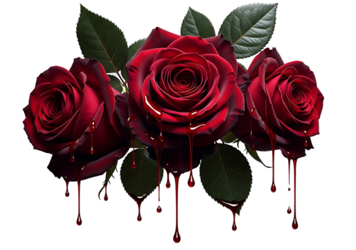  Dripping Red Roses and Dark Leaves - Isolated on transparent background