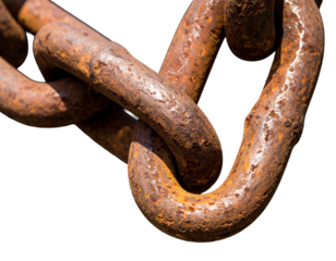 Close up of weathered metal chain links with rusty brown texture