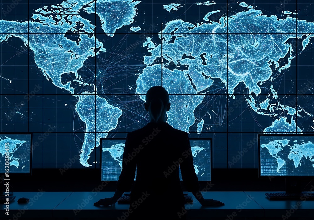 Poster man in silhouette facing a large world map on screens