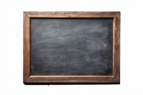 A rustic wooden framed chalkboard with a textured black surface, isolated on a transparent background, perfect for educational or creative purposes - Powered by Adobe