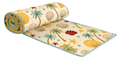 ai, png, beach, towel, rolled, summer, seashell, palm, tree, sunbathing, poolside, picnic, colorful, sandy, shore, swim, relaxation, outdoor, sunshine, water, travel, vacation, coastal, marine, patter