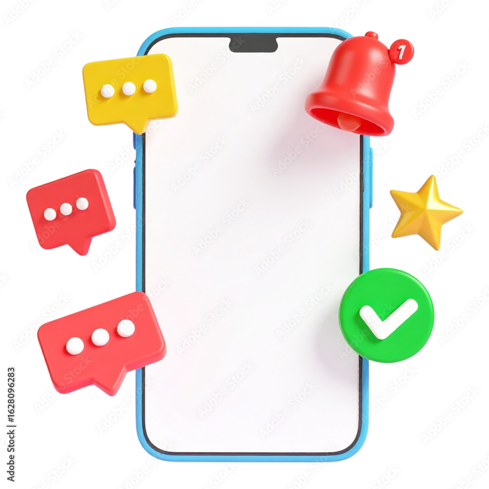 Poster a 3d rendered smartphone with notification icons and blank screen.