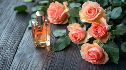 Elegant arrangement of fresh pink roses beside luxury perfume bottle and makeup products on rustic wooden table, symbolizing feminine beauty, self-care, and modern lifestyle aesthetics