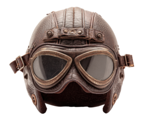 Vintage brown leather motorcycle helmet with goggles