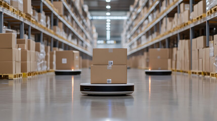 Autonomous robots navigate a warehouse aisle carrying cardboard boxes, showcasing automation and efficiency in inventory management and logistics.