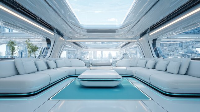Futuristic interior lounge overlooking a city
