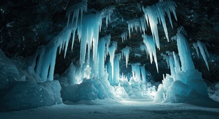 Stunning natural ice cave formation with glowing blue icicles and frozen formations