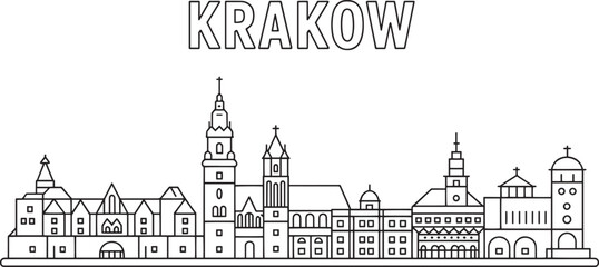 Fototapeta premium Detailed Krakow Cityscape Outline Silhouette Vector Illustration with Architectural Landmarks and Text