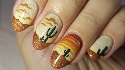 Close Up of Desert Themed Nail Art with Sunset Colors for Radiant Charm