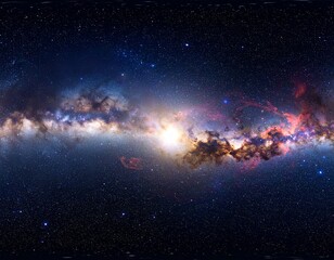 Obraz premium Equirectangular galaxy sky panorama with vibrant interstellar clouds and radiant star fields, designed for immersive 3D scenes