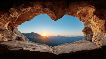 Sunrise view from a cave opening onto a mountain range.
