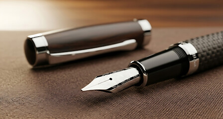 Macro Close-up of a Detailed Fountain Pen on a Textured Surface.